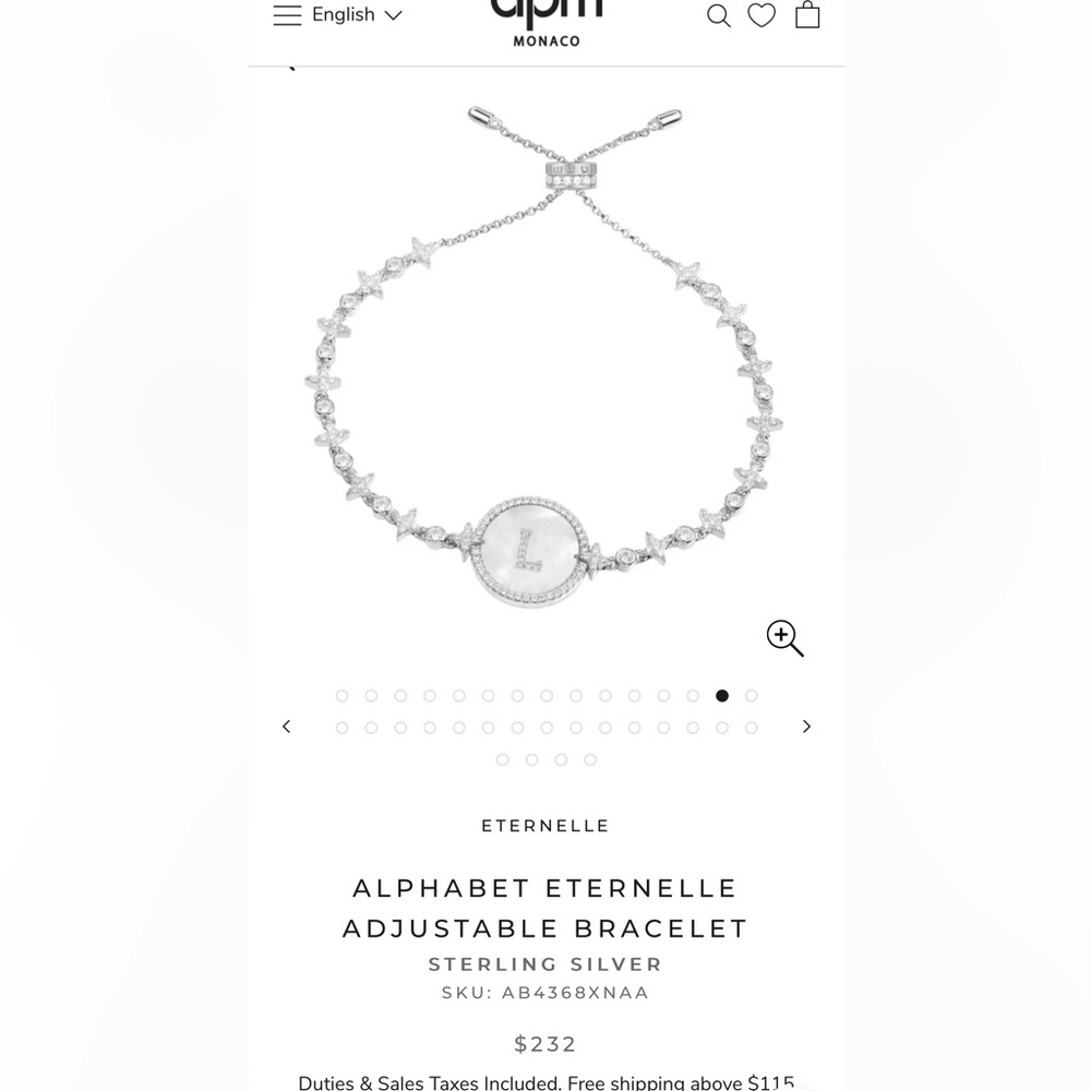 Sterling Silver Initial “L” ALPHABET ETERNELLE
ADJUSTABLE BRACELET Monaco MOP